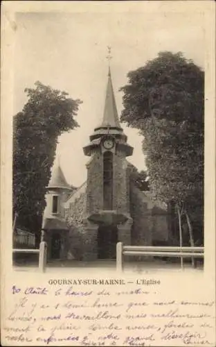 Ak Gournay sur Marne Seine Saint Denis, Kirche, Turmuhr
