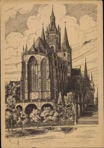 Ak Erfurt in Thüringen, Detaillierte Zeichnung einer Kirche, Wolkenhimmel, Bäume im Vordergrund