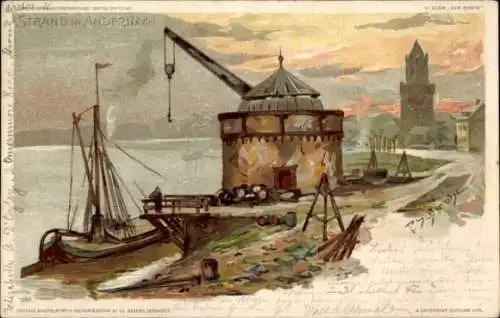 Ak Andernach am Rhein, Hafenansicht, Kran, Bootsrampe, Häuser im Hintergrund, Sonnenuntergang