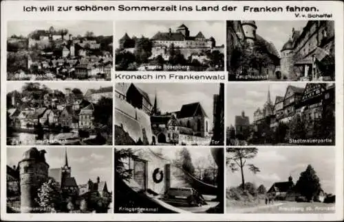 Ak Kronach in Oberfranken, Aussicht auf Kronach, Stadtmauer, Kriegerdenkmal, Rosenberg, Zeughaus