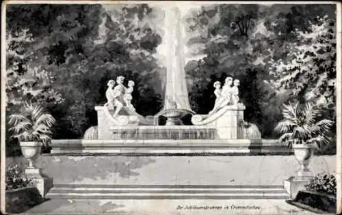 Künstler Ak Crimmitschau in Sachsen, Der Jubiläumsbrunnen, Gartenanlagen
