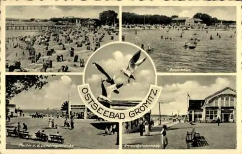 Ak Ostseebad Grömitz in Holstein, Strandpromenade, Badeleben, Partie an der Landungsbrücke, Vögel