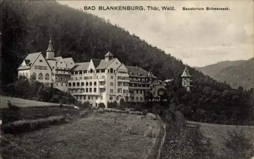 Ak Bad Blankenburg in Thüringen, Historisches Sanatorium Schwarzeck, Waldlandschaft, schwarz-weiß