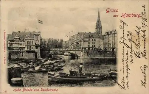 Ak Hamburg Mitte Altstadt, Hohe Brücke, Deichstraße, Hafenansicht,  Architektur
