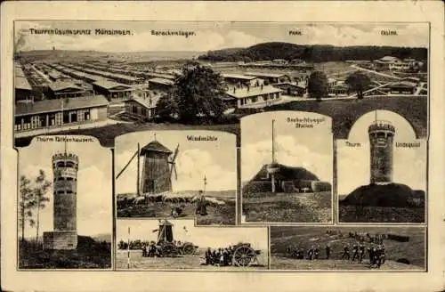 Ak Münsingen in Württemberg, Truppenübungsplatz, Casino, Barackenlager, Windmühle