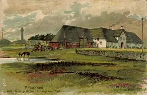 Ak Insel Sylt in Nordfriesland, Friesenhaus, Hünengrab im Hintergrund, Landschaft mit Wiese und W