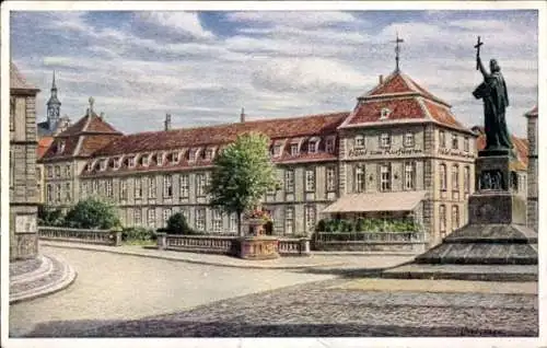 Ak Fulda in Hessen, Hotel zum Rurfu, Statue, alte Architektur, malerische Landschaft
