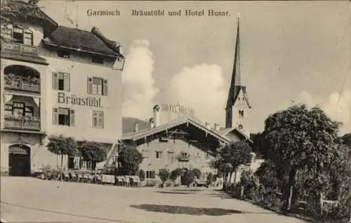Ak Garmisch Partenkirchen in Oberbayern, Garmisch Bräustübl, Hotel Husar,  Architektur, Kirchturm