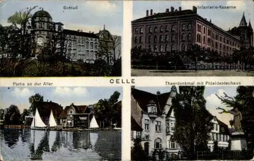 Ak Celle in Niedersachsen, Schloß, Infanterie-Kaserne, Partie an der Aller, Thaerdenkmal