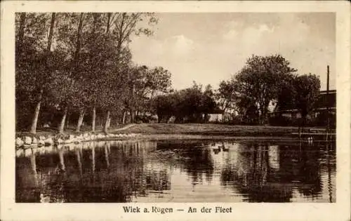 Ak Wiek auf der Insel Rügen, An der Fleet, Teich, Wegpartie, Häuser