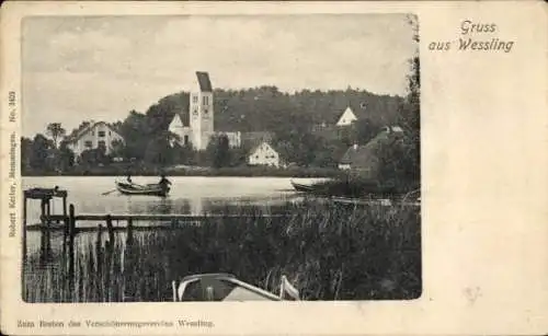 Ak Wessling Weßling Oberbayern, See, Boote, Häuser, Kirche, Wald