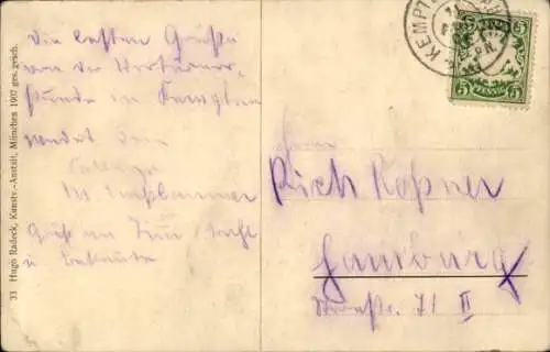 Ak Kempten im Allgäu Schwaben, Stadtansicht von  Frau in alpenländischer Tracht