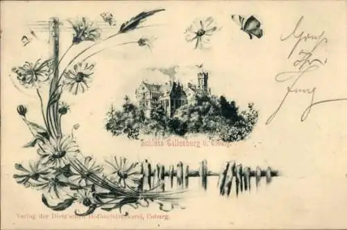 Ak Coburg in Oberfranken, Schloss Gallenberg, Blumenornament, Federzeichnung