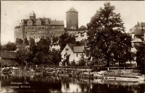 Ak Zschopau im Erzgebirge Sachsen, Schloss Wildeck, Häuser entlang des Flusses, sepia Farbton