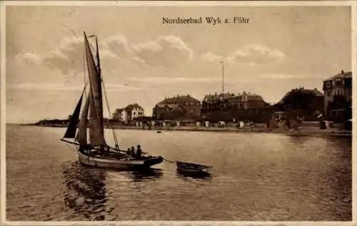Ak Wyk auf Föhr Nordfriesland, Nordseebad Wyk a. Föhr, Segelboot, Küstenansicht,  