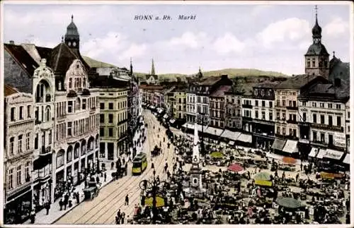 Ak Bonn am Rhein, Marktplatz, Straßenansicht, Menschen, Straßenbahn,  Gebäude