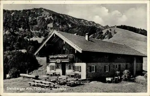 Ak Ruhpolding in Oberbayern, Steinberger Alm, 1100 m, Holzhaus, Berge, Terrasse, Aussicht