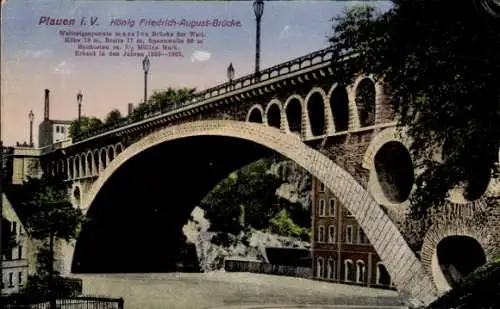 Ak Plauen im Vogtland, König Friedrich-August-Brücke, massive Brücke, 18 m hoch, 17 m breit, Bauk