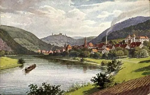 Ak Dilsberg Neckargemünd am Neckar, Aussicht auf  Dilsberg im Hintergrund, Fluss Sicht, Schiffe