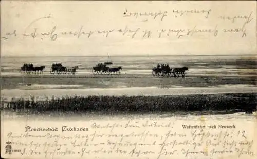 Ak Nordseebad Cuxhaven, Wattenfahrt nach Neuwerk, Nordseebad  Reiterkutschen am Strand