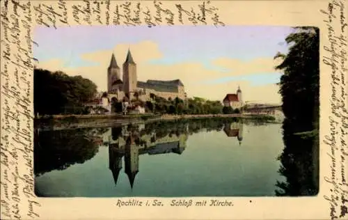 Ak Rochlitz an der Mulde, Blick über das Wasser auf Schloss mit Kirche