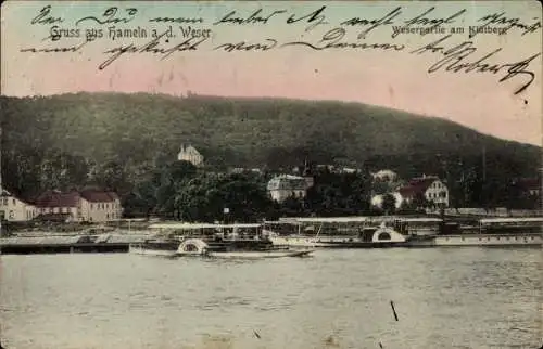 Ak Hameln an der Weser Niedersachsen, Blick auf Weser, Wasserstraße, Häuser am Ufer, grüne Hügel 