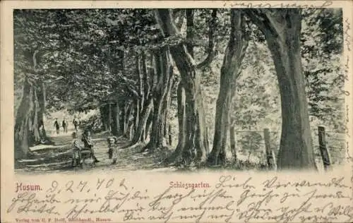 Ak Husum in Nordfriesland, Schlossgarten, Bäume, Spaziergänger, von C. F. Delf
