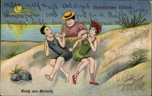 Ak Ostseebad Grömitz in Holstein, Gestörtes Glück, drei Personen am Strand, Sonne, Wasser, Felsen