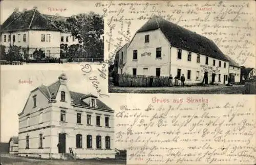 Ak Skaska Oßling in Sachsen, Rittergut, Gasthof, Schule