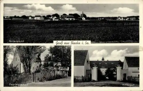 Ak Skaska Oßling in Sachsen, Gesamtansicht, Restauration Walter Schneider, Rittergut