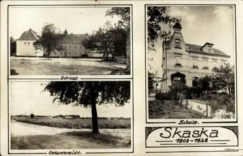 Ak Skaska Oßling Ossling in der Oberlausitz, Gesamtansicht, Schloss, Schule, 1903-1928