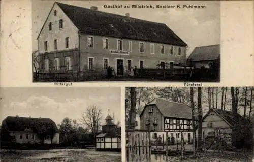 Ak Milstrich Oßling Ossling in der Oberlausitz, Gasthof K. Puhlmann,  Rittergut, Försterrei