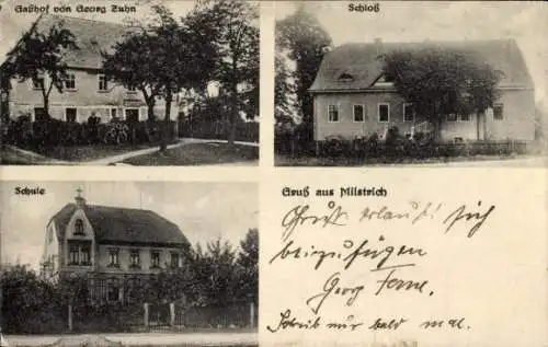 Ak Milstrich Oßling Ossling in der Oberlausitz, Gasthof, Schloss, Schule