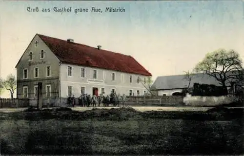 Ak Milstrich Oßling Ossling in der Oberlausitz, Gasthof grüne Aue,  Architektur, Garten, Gäste