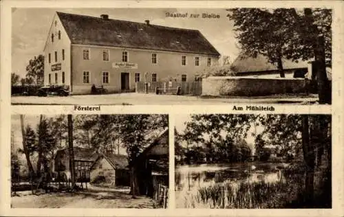 Ak Milstrich Oßling Ossling Oberlausitz, Gasthof zur Bleibe, Carl Puhlmann, Försterei, Am Mühiteich