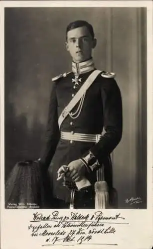 Ak Prinz Wolrad Friedrich zu Waldeck Pyrmont, Gefallen 1914 bei Moorslede, Portrait in Uniform