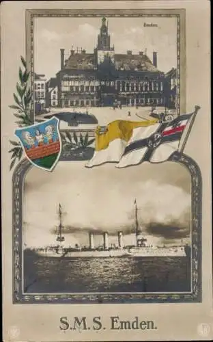 Passepartout Ak Deutsches Kriegsschiff, SMS Emden, Rathaus Emden, Wappen, Flaggen, NPG, GLK