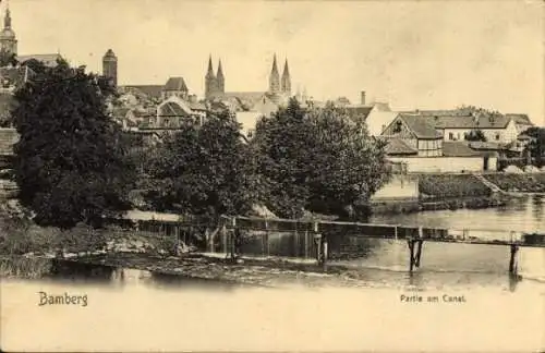 Ak Bamberg in Oberfranken, Stadtansicht  Kanalpartie, Brücke, Bäume, historische Gebäude