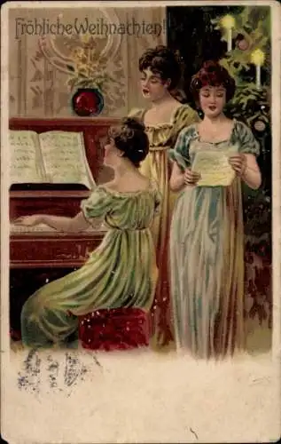 Litho Glückwunsch Weihnachten, Singende Frauen, Klavierspielerin
