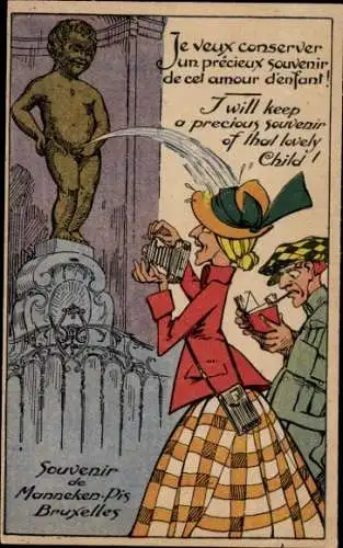 Ak Brüssel, Manneken Pis, Pinkelnder Junge, Frau mit Fotoapparat