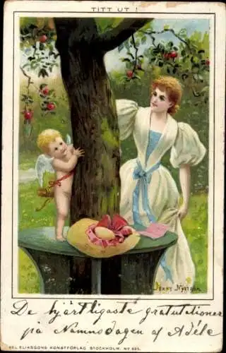 Künstler Litho Nyström, J., Junge Frau und Eros im Garten, Hut, Baum, Pfeile, Bogen, Versteckspiel