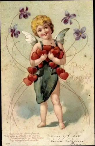 Litho Glückwunsch Neujahr, Liebesengel, Blumen