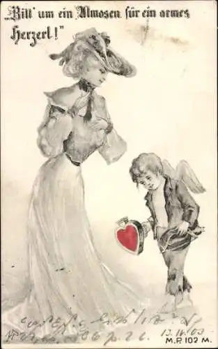 Litho Junge Frau, Liebesengel, Herz