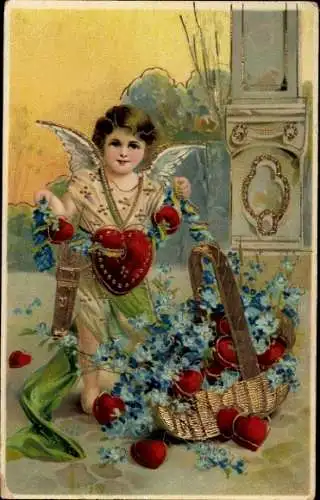 Ak Liebesengel, Blumenkorb, Vergissmeinnicht