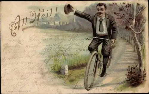 Litho All Heil, Radfahrer grüßt mit seiner Mütze