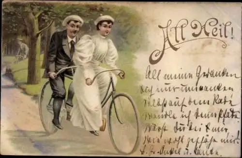 Litho All Heil, Fahrradfahrer, Paar auf einem Tandem