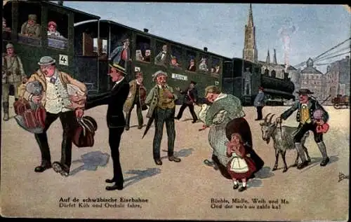 Künstler Ak Boettcher, Hans, Auf de Schwäbische Eisebahne, Dampflok, Ziegenbock