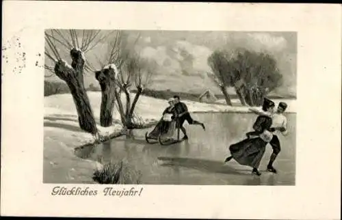 Ak Fröhliches Neujahr, Eisläufer auf dem Eis, Kufenschlitten, TSN