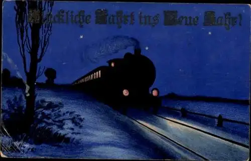 Ak Fröhliches Neujahr, Glückliche Fahrt, Eisenbahn auf der Strecke