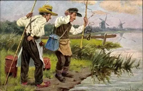 Künstler Ak Gerstenhauer, Johann Georg, Zwei Angler am Flussufer, Windmühlen